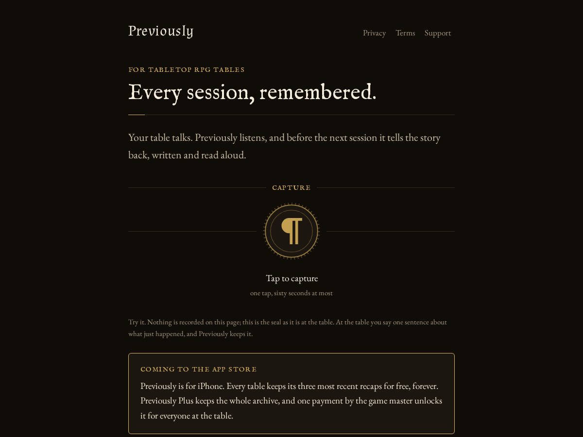 Landing-page snapshot of previouslyrpg.com