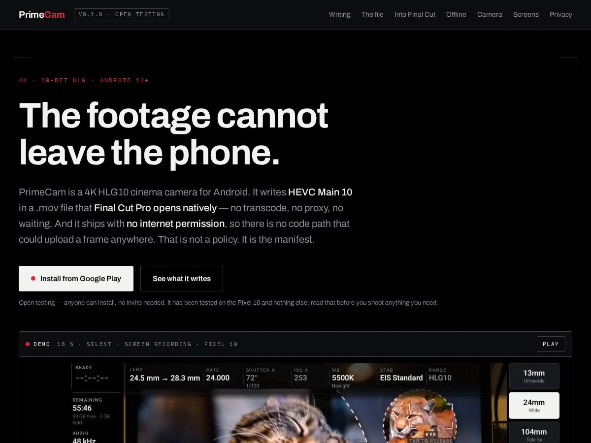 Landing-page snapshot of primecam.app