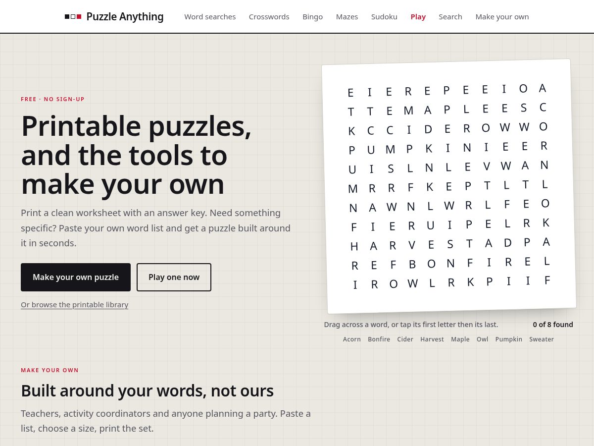 Landing-page snapshot of puzzleanything.com