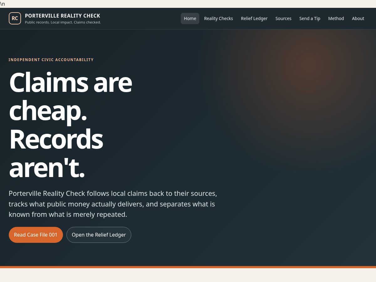 Landing-page snapshot of pvillerealitycheck.org