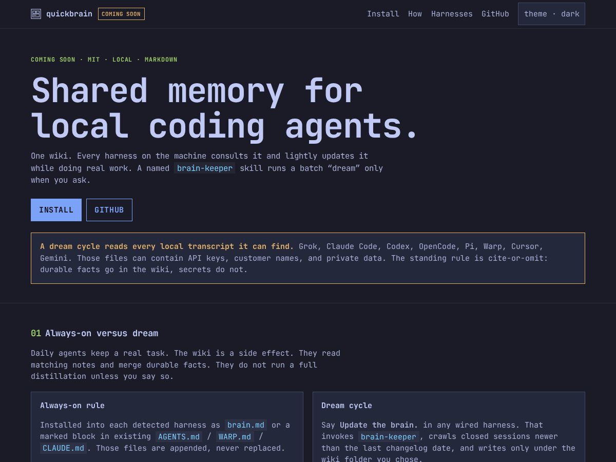 Landing-page snapshot of quickbrain.dev