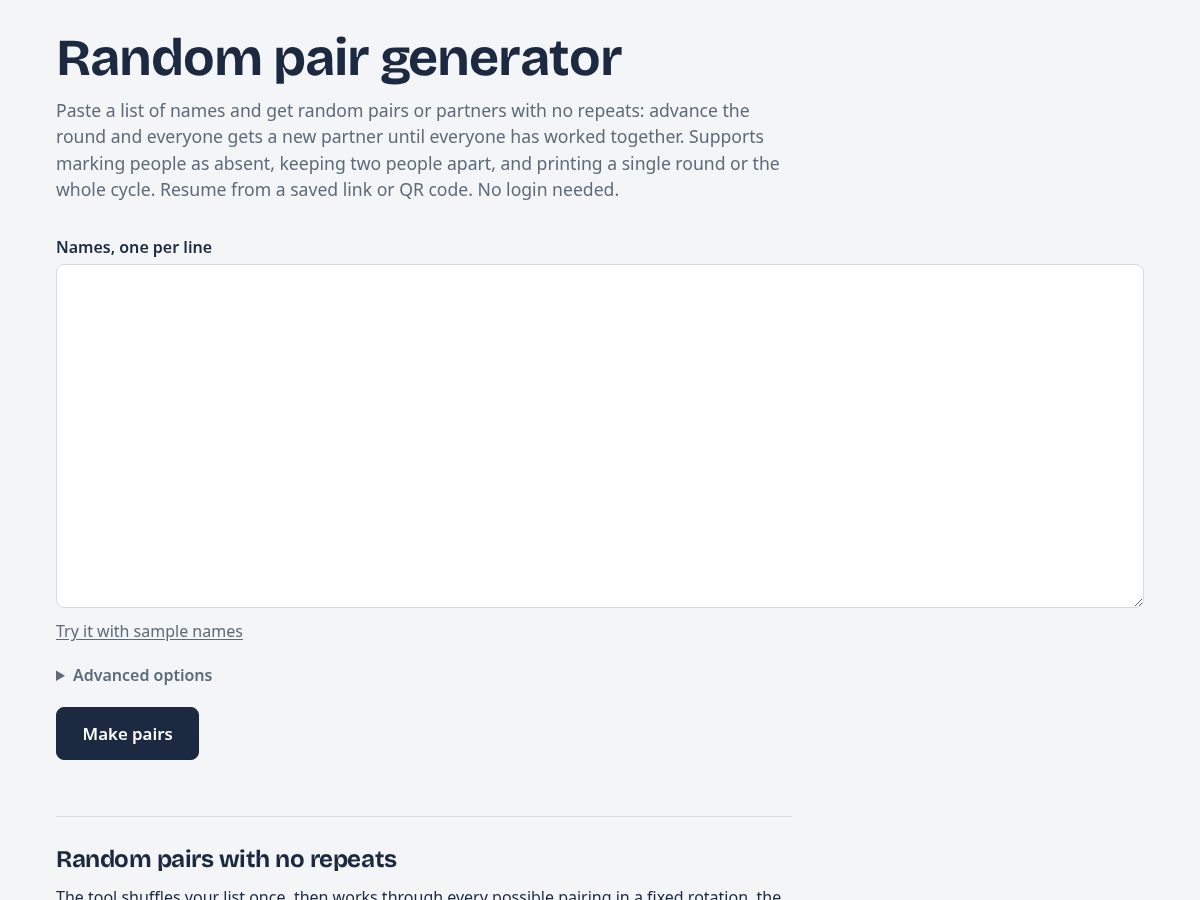 Landing-page snapshot of randompairgenerator.com