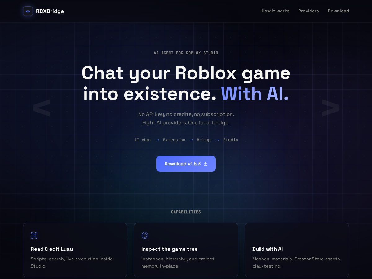 Landing-page snapshot of rbxbridge.dev