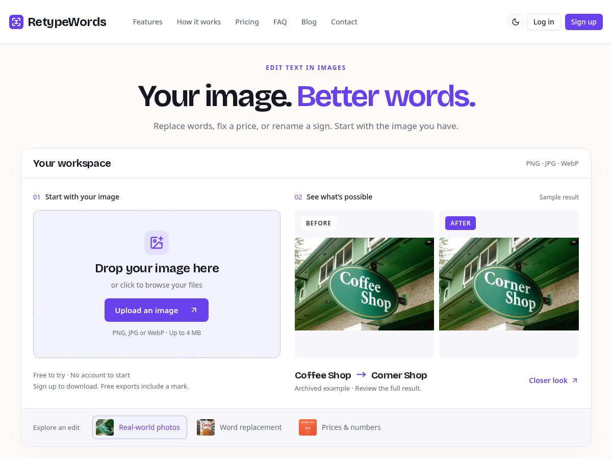 Landing-page snapshot of retypewords.com