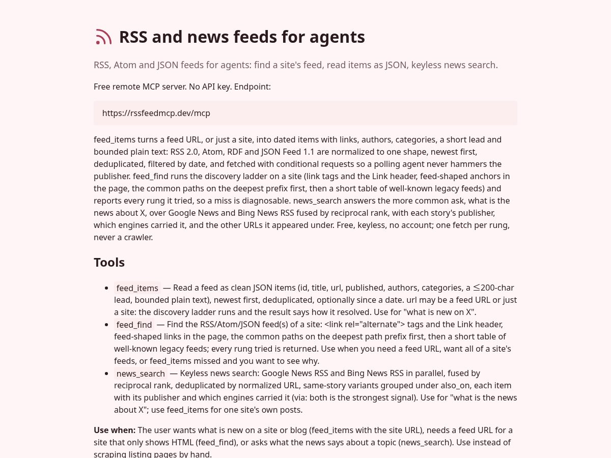 Landing-page snapshot of rssfeedmcp.dev