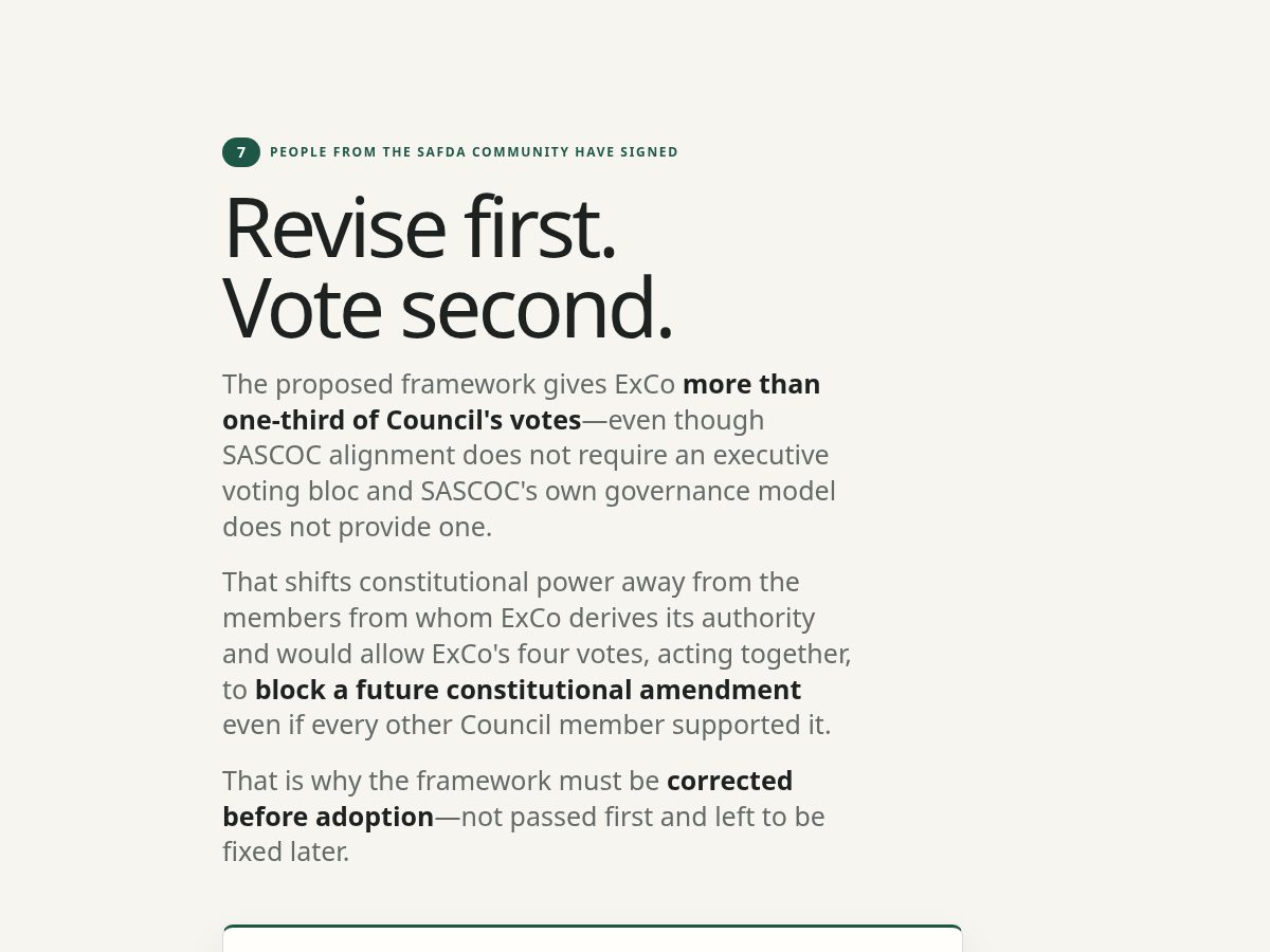 Landing-page snapshot of safdaobjection.org