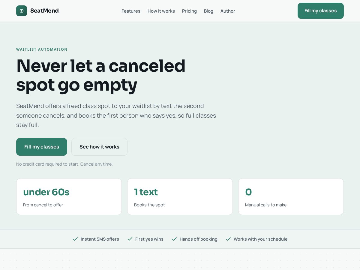 Landing-page snapshot of seatmend.com