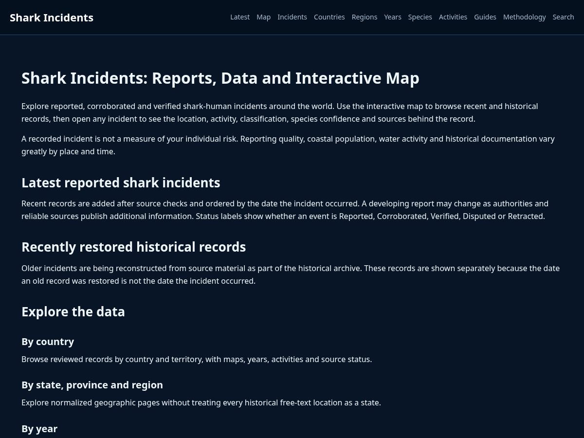 Landing-page snapshot of sharkincidents.com
