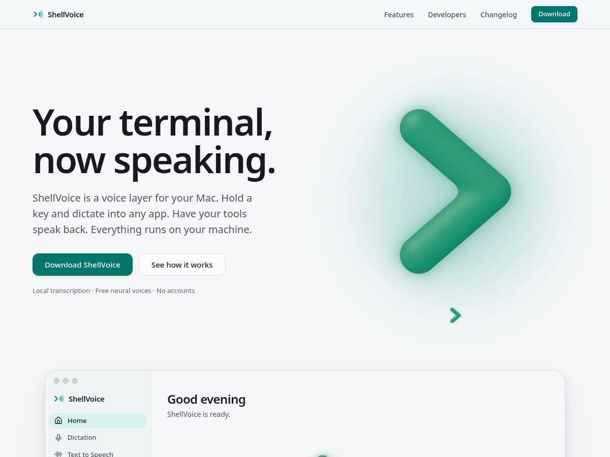 Landing-page snapshot of shellvoice.dev