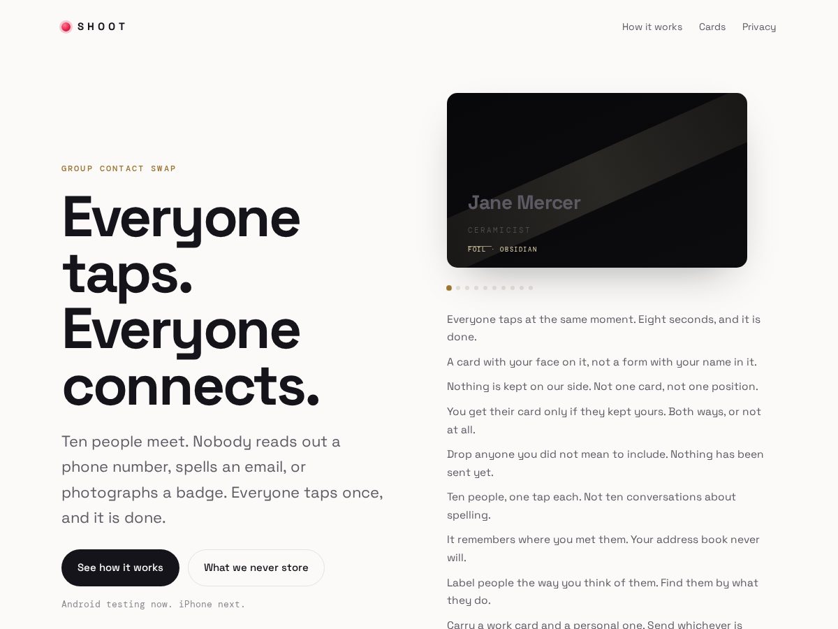 Landing-page snapshot of shoot.cards