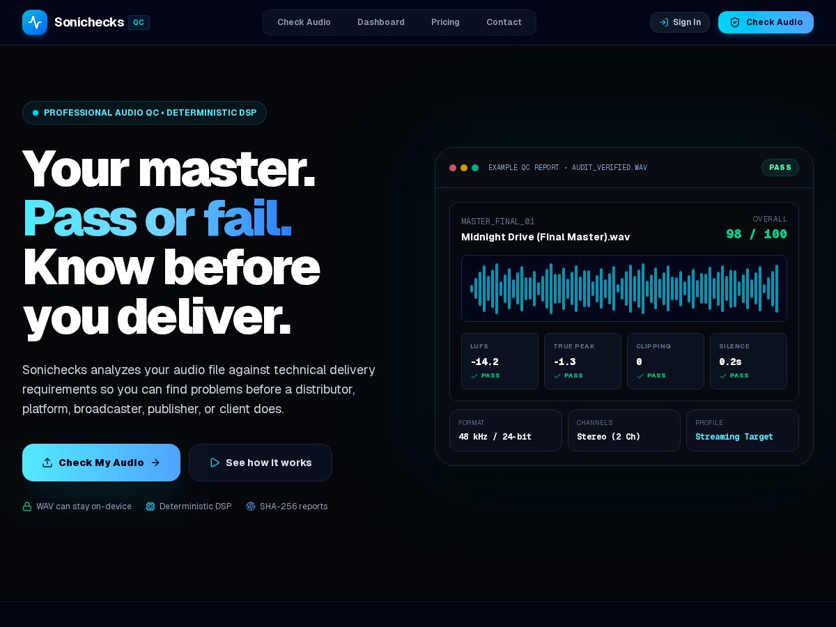 Landing-page snapshot of sonichecks.com