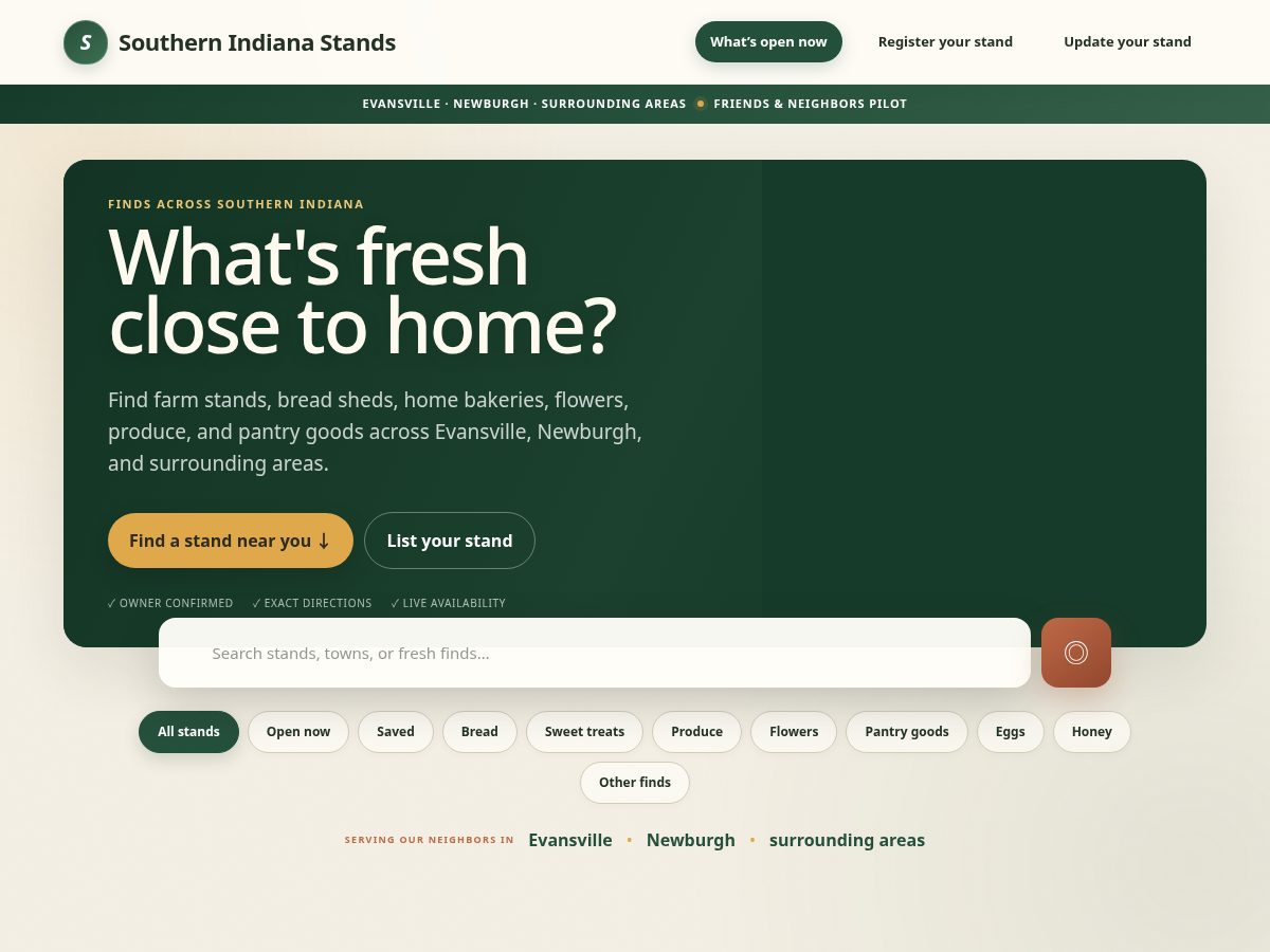 Landing-page snapshot of southernindianastands.com