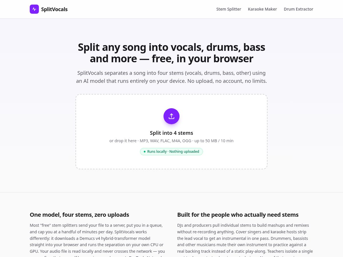 Landing-page snapshot of splitvocals.com
