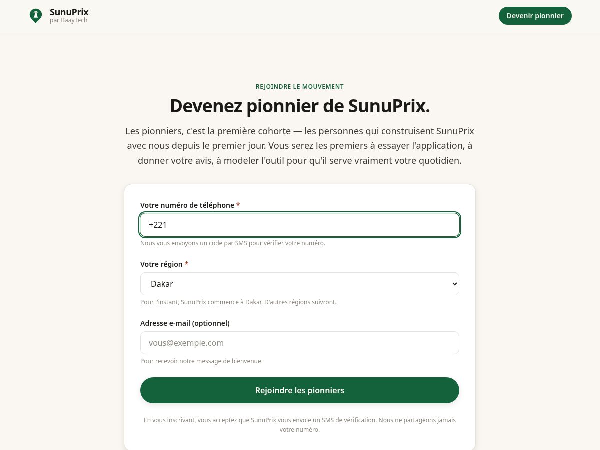 Landing-page snapshot of sunuprix.app