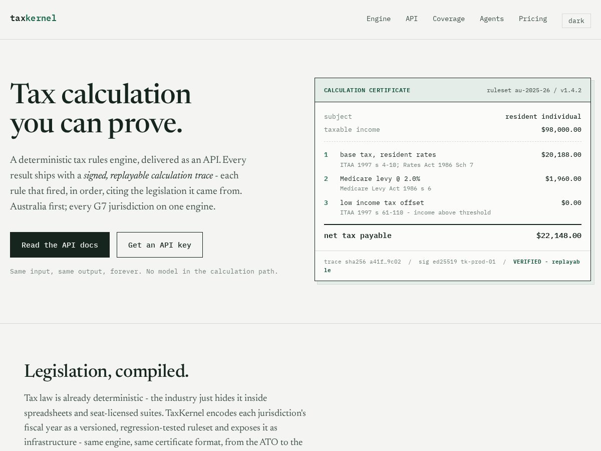 Landing-page snapshot of taxkernel.com