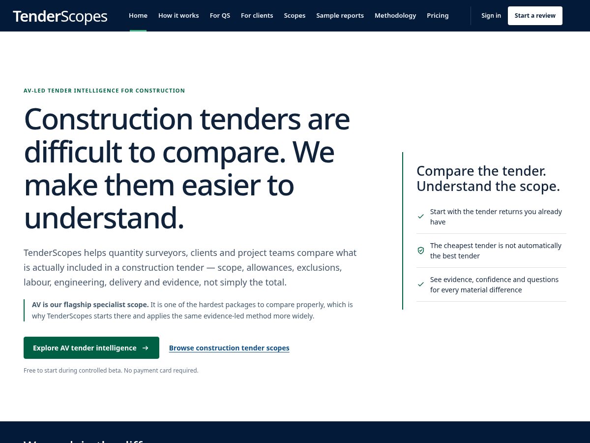 Landing-page snapshot of tenderscopes.com