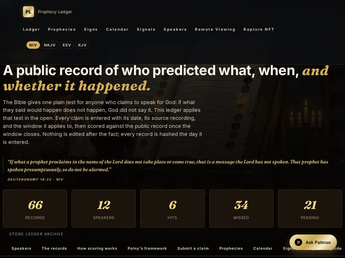 Landing-page snapshot of theprophecyledger.com