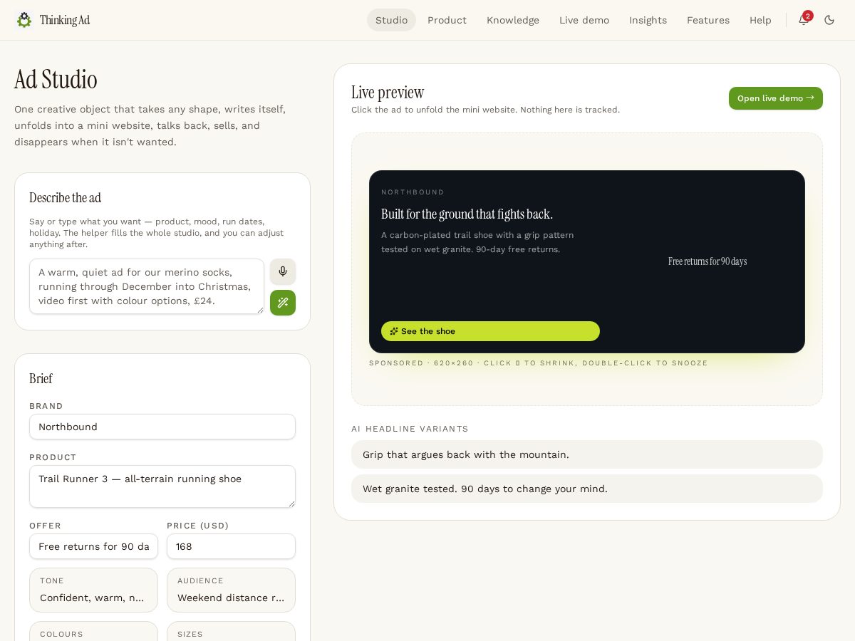 Landing-page snapshot of thinkingad.app