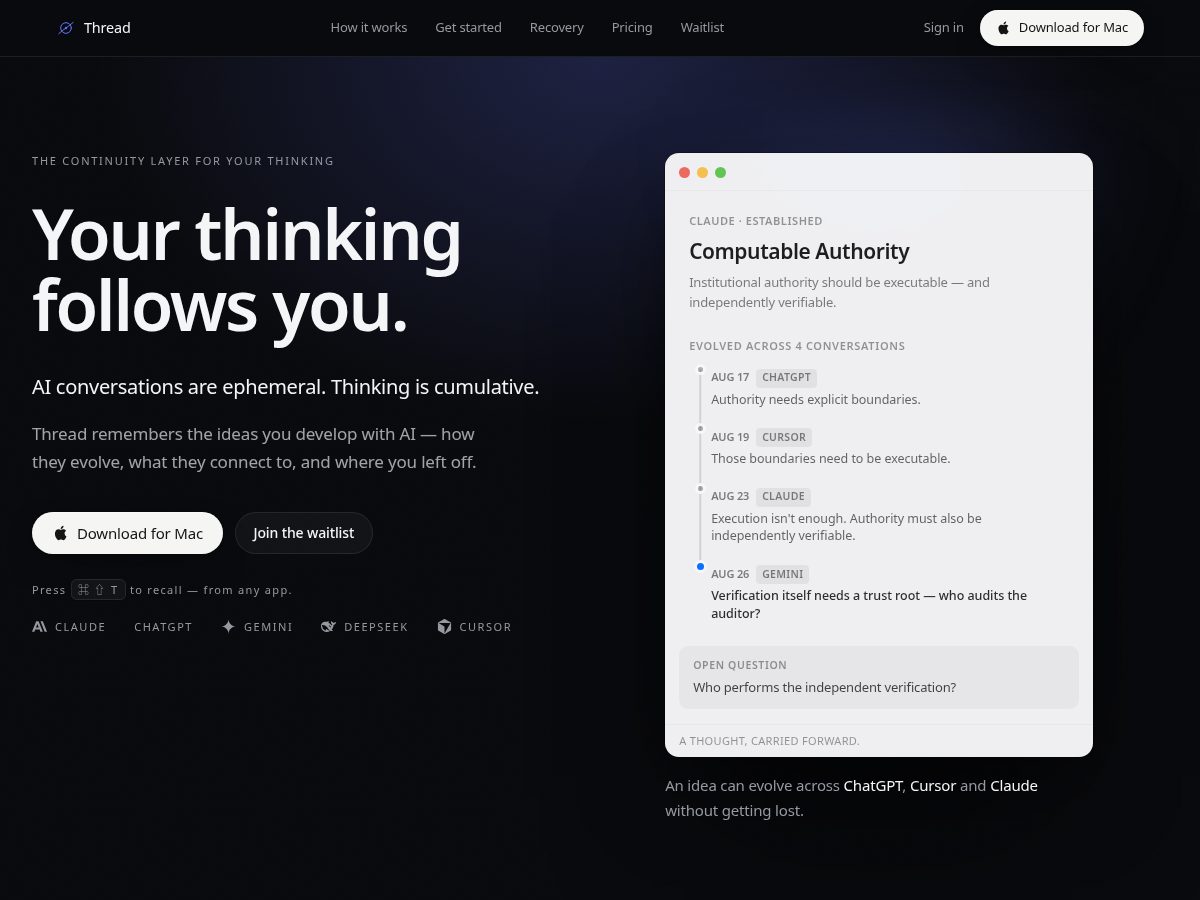 Landing-page snapshot of threadnow.app