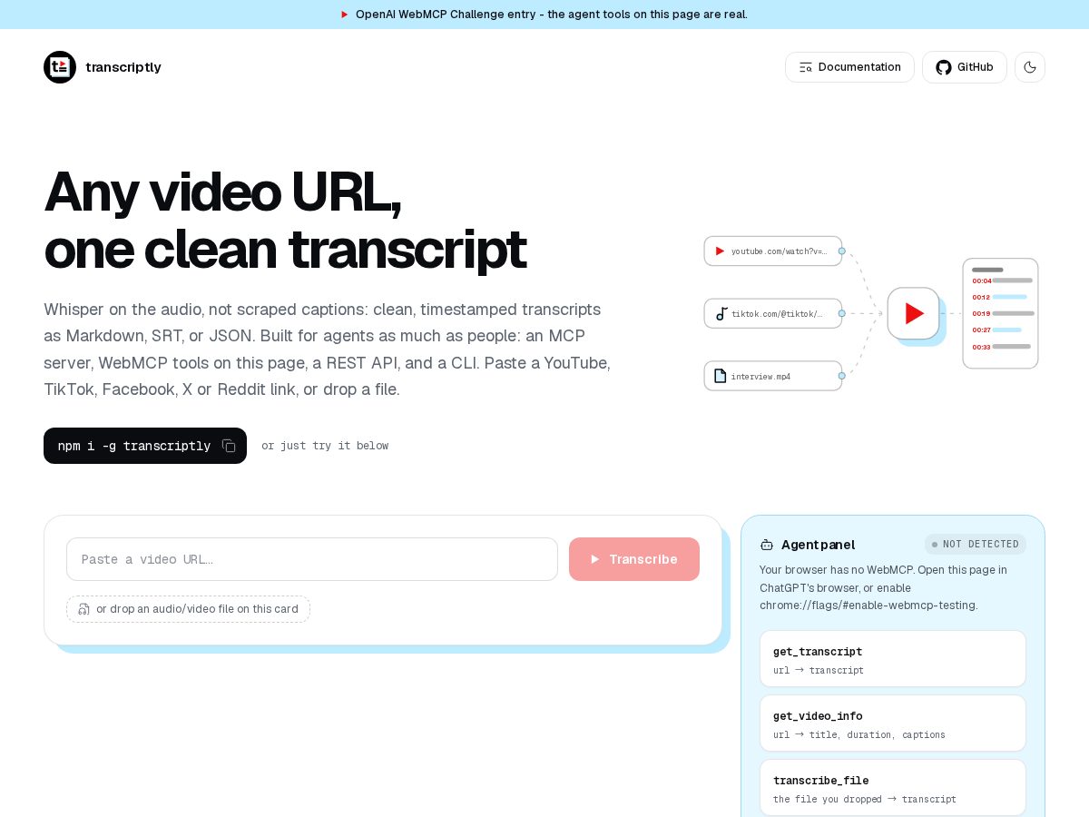 Landing-page snapshot of transcriptly.dev
