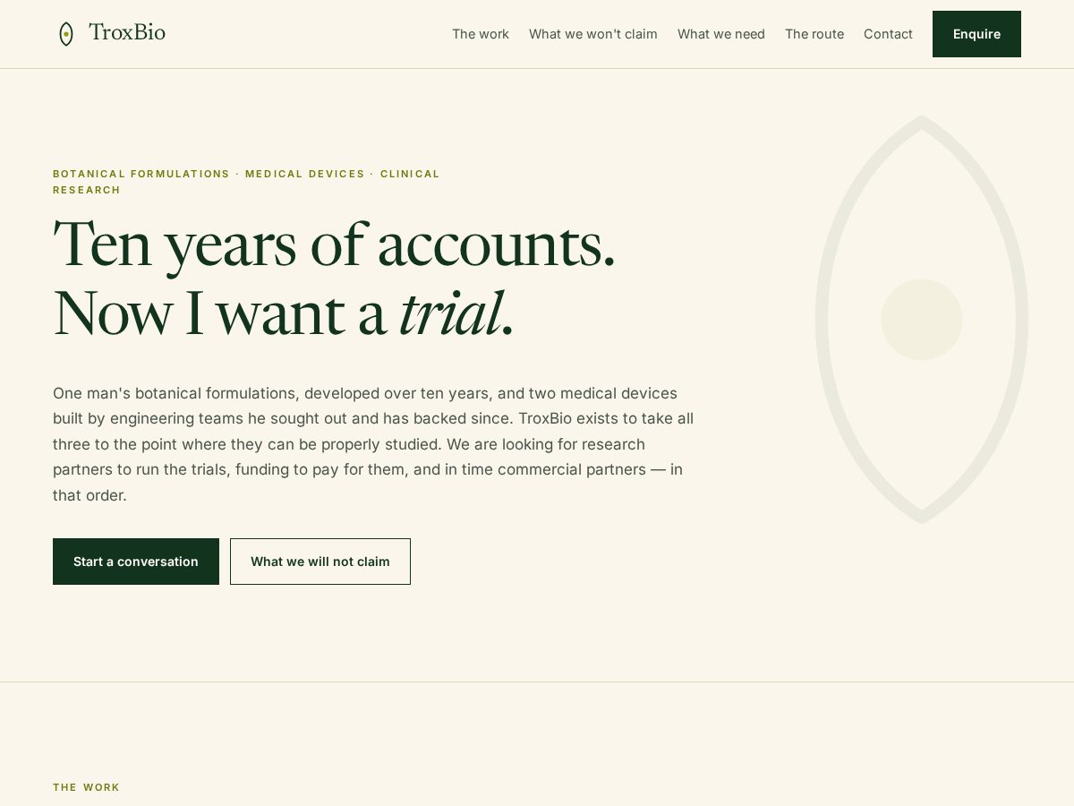 Landing-page snapshot of troxbio.com