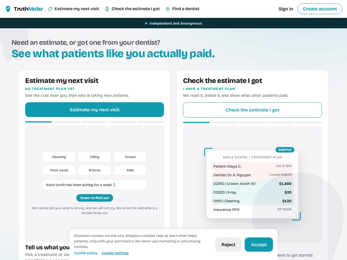 Landing-page snapshot of truemolar.com