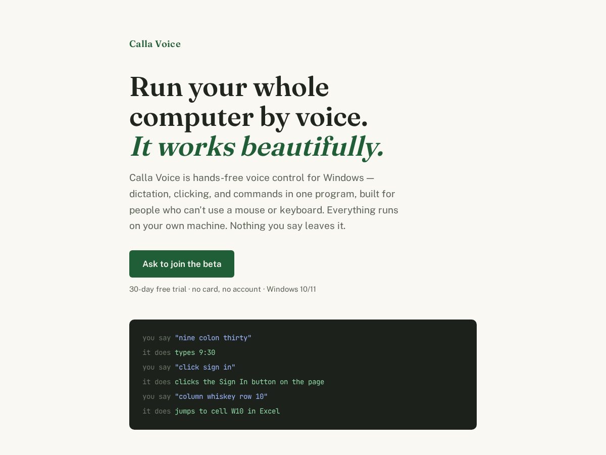 Landing-page snapshot of trycallavoice.com