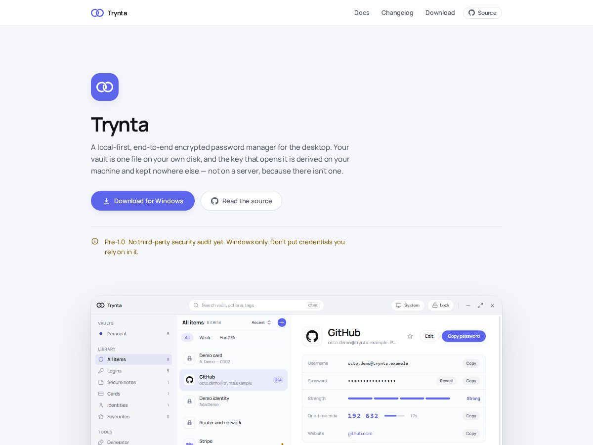 Landing-page snapshot of trynta.dev