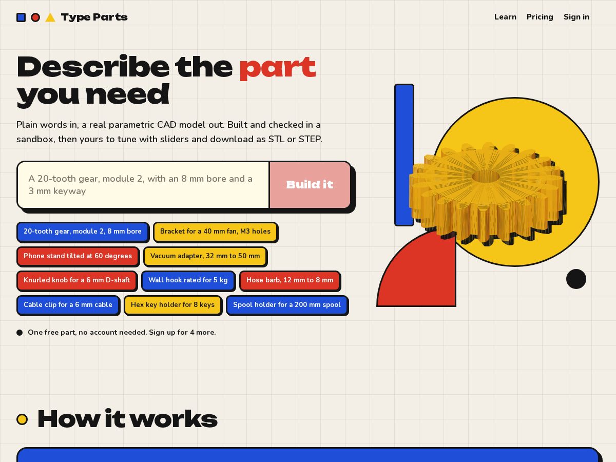 Landing-page snapshot of typeparts.com