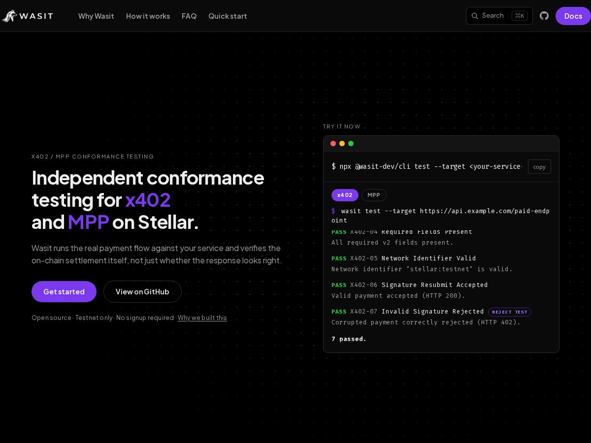 Landing-page snapshot of usewasit.dev