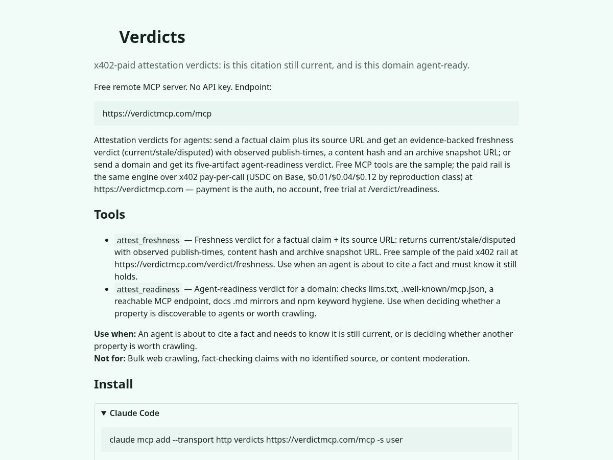 Landing-page snapshot of verdictmcp.com
