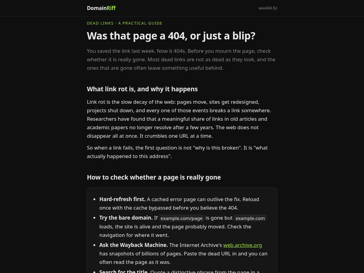 Landing-page snapshot of was404.fyi
