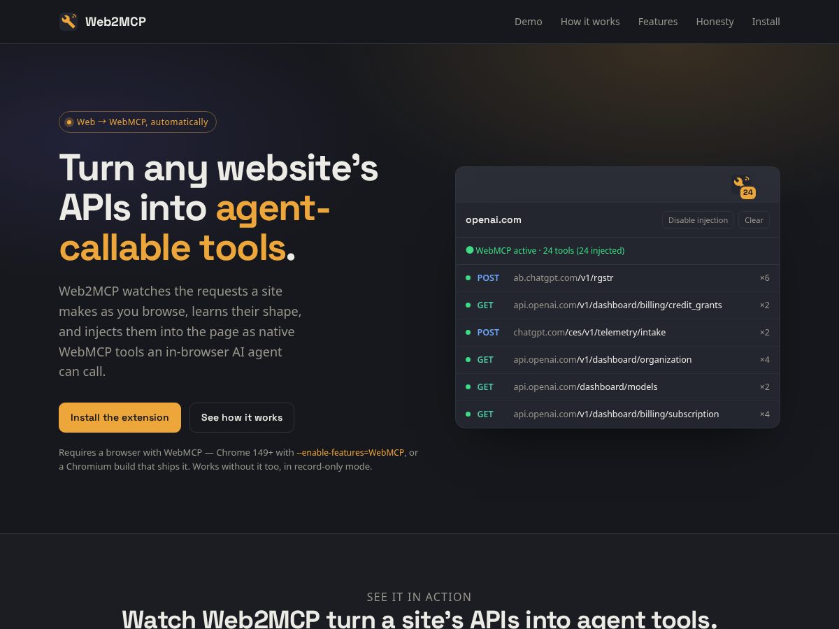 Landing-page snapshot of web2mcp.dev