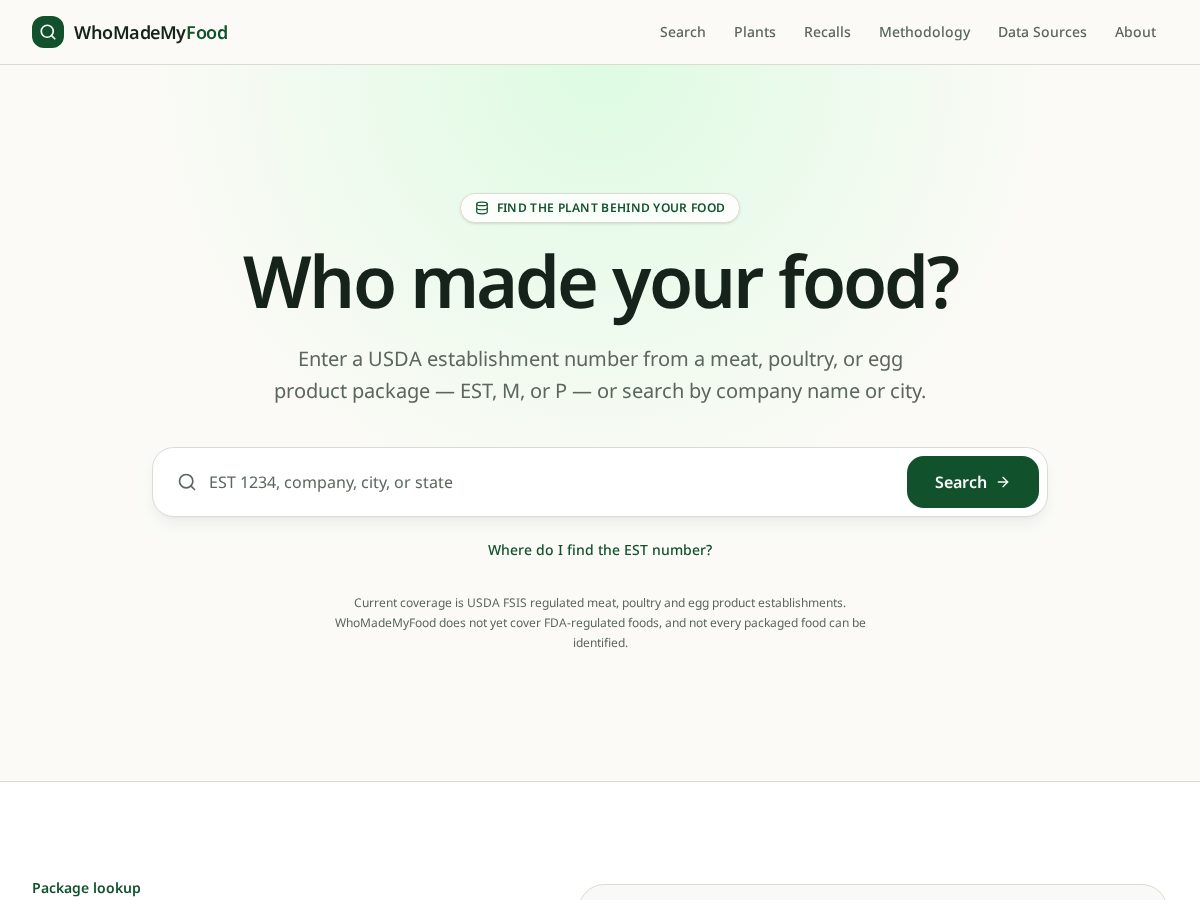 Landing-page snapshot of whomademyfood.com