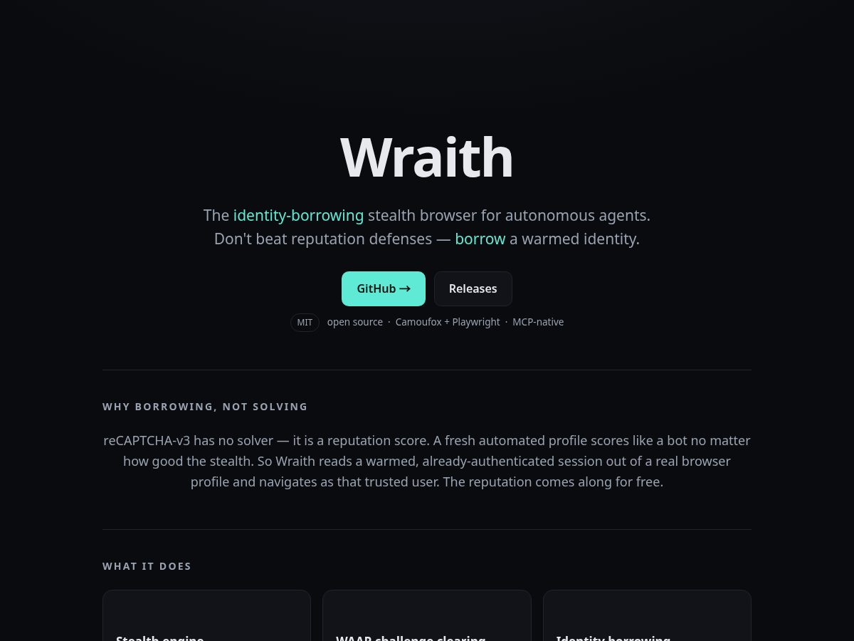 Landing-page snapshot of wraithbrowser.dev
