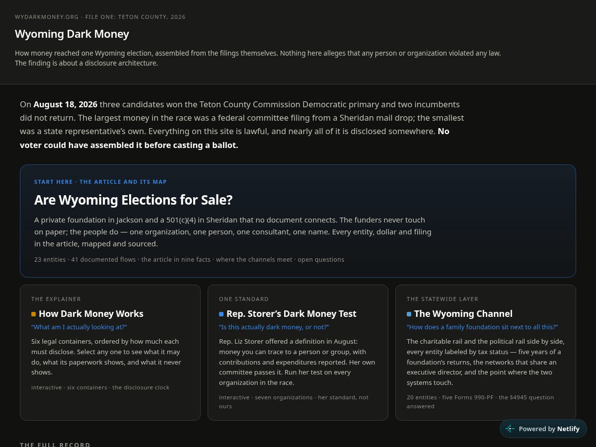 Landing-page snapshot of wydarkmoney.org