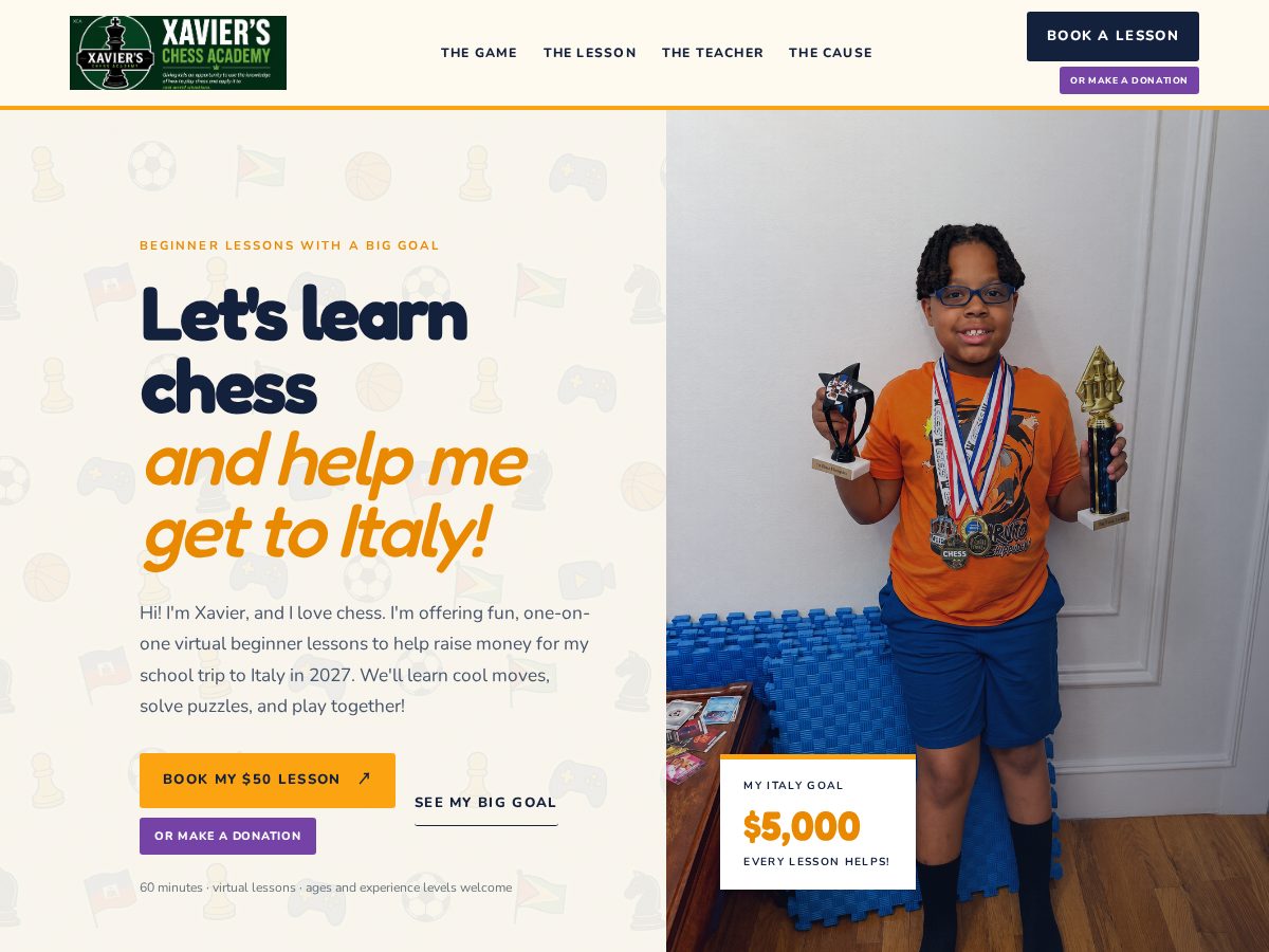 Landing-page snapshot of xavierschessacademy.com