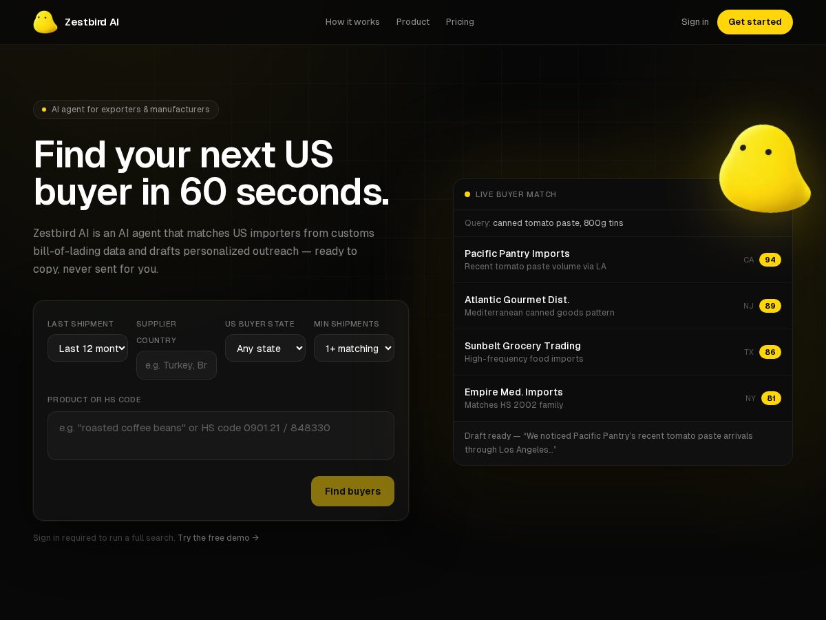Landing-page snapshot of zestbird.com