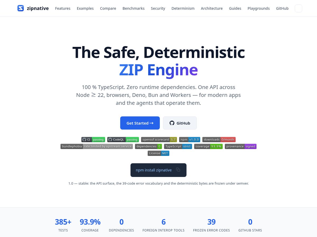 Landing-page snapshot of zipnative.dev