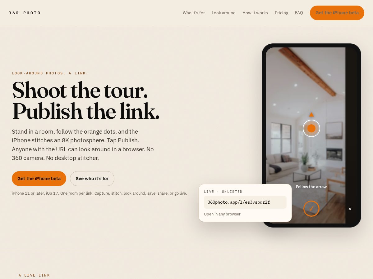 Landing-page snapshot of 360photo.app