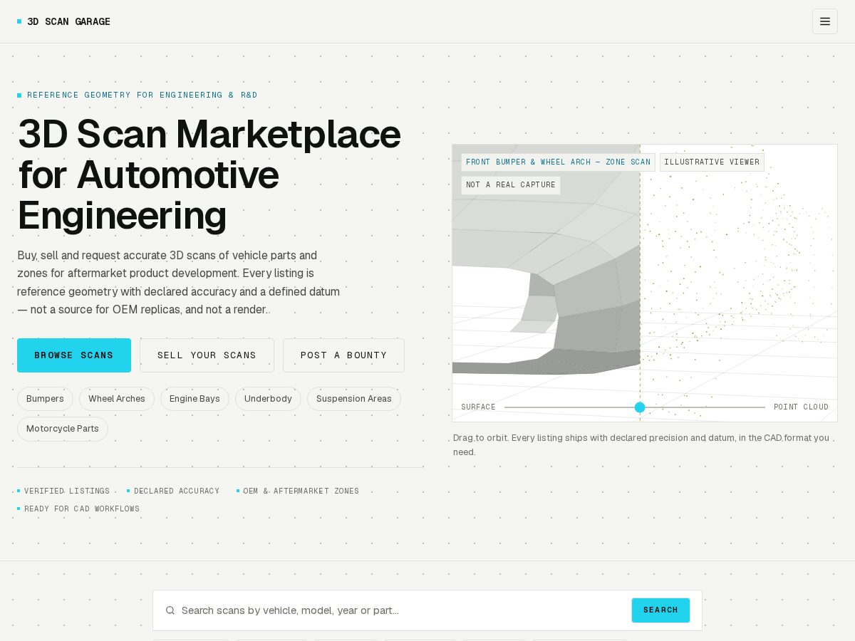 Landing-page snapshot of 3dscangarage.com