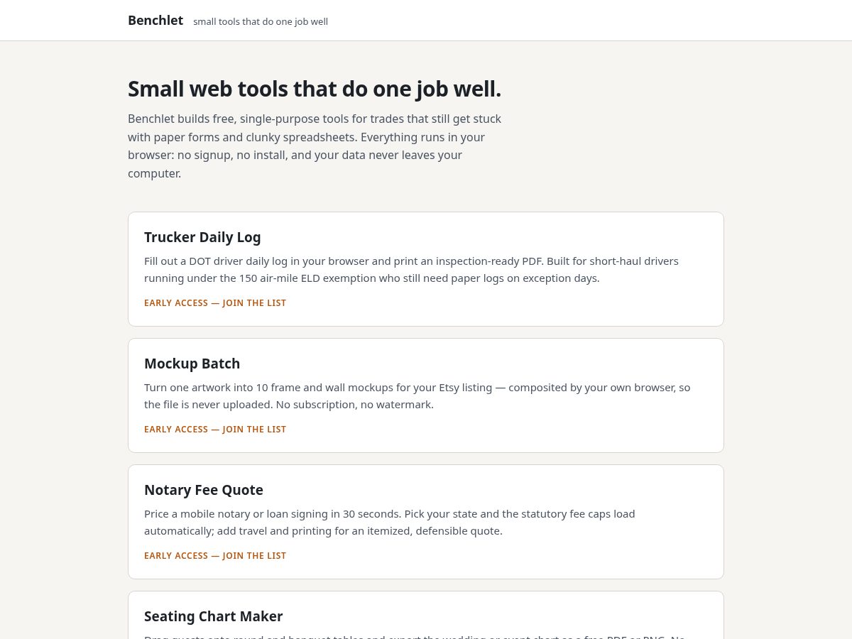 Landing-page snapshot of benchlet.com