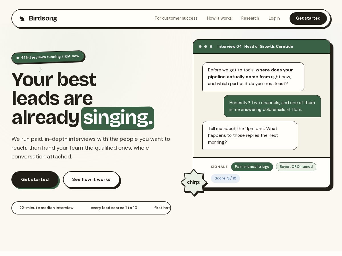 Landing-page snapshot of birdsonginsights.com