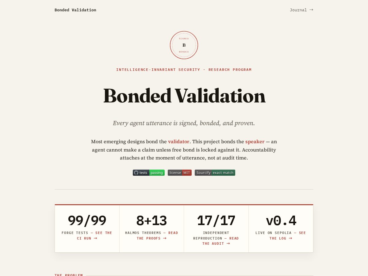 Landing-page snapshot of bondedvalidation.com