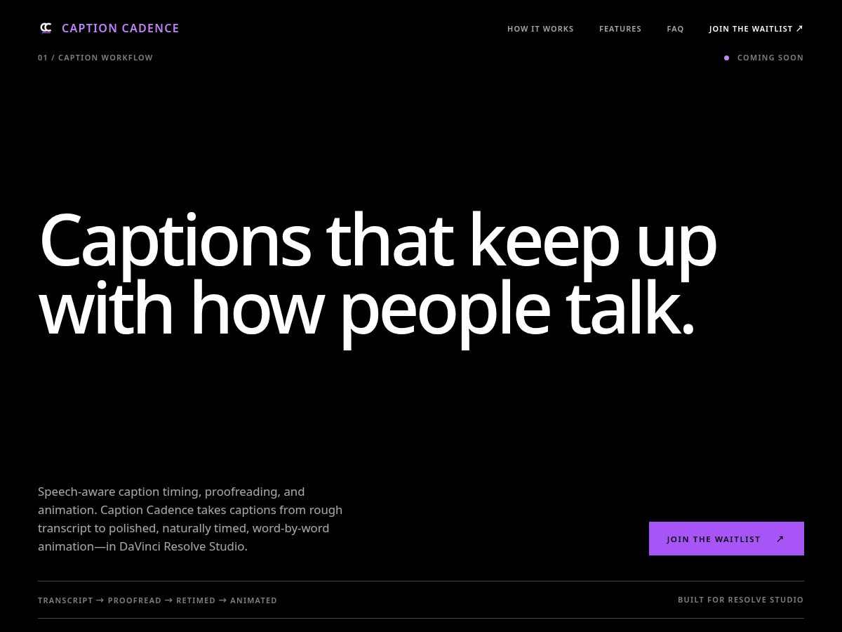 Landing-page snapshot of captioncadence.app
