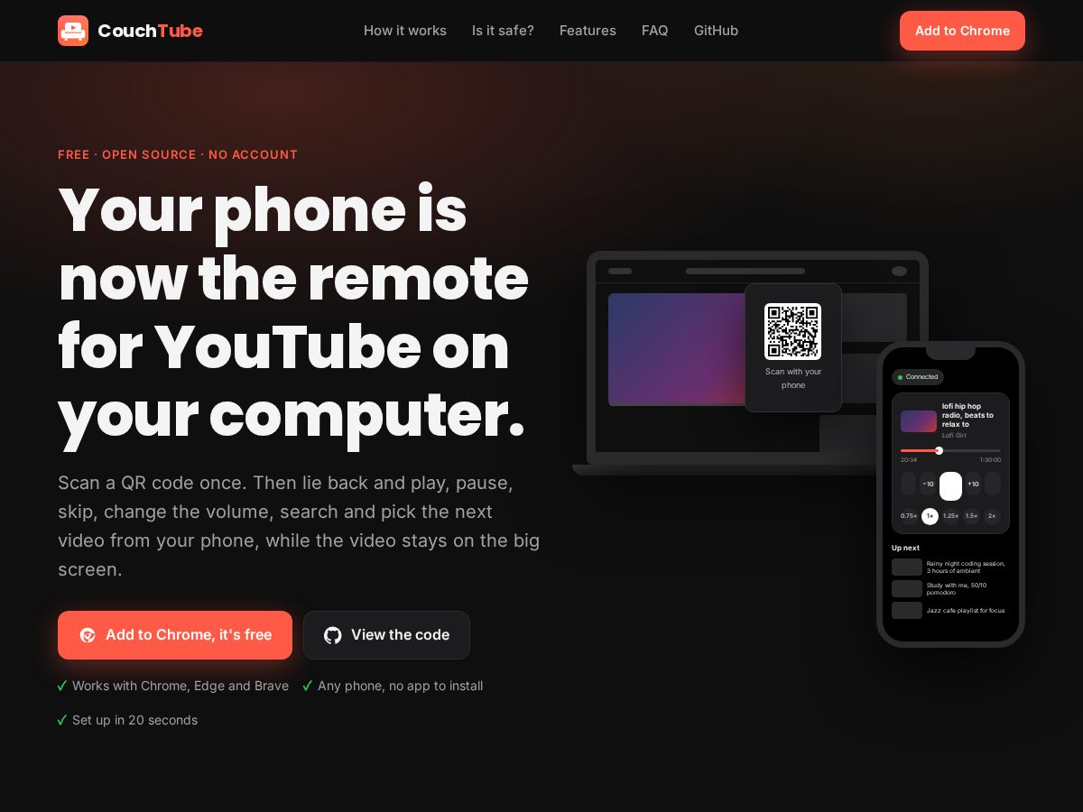 Landing-page snapshot of couchtube.app