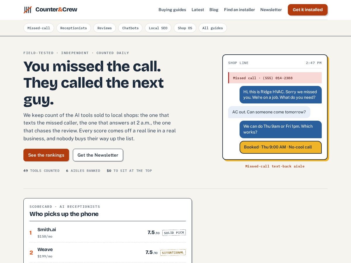 Landing-page snapshot of counterandcrew.com