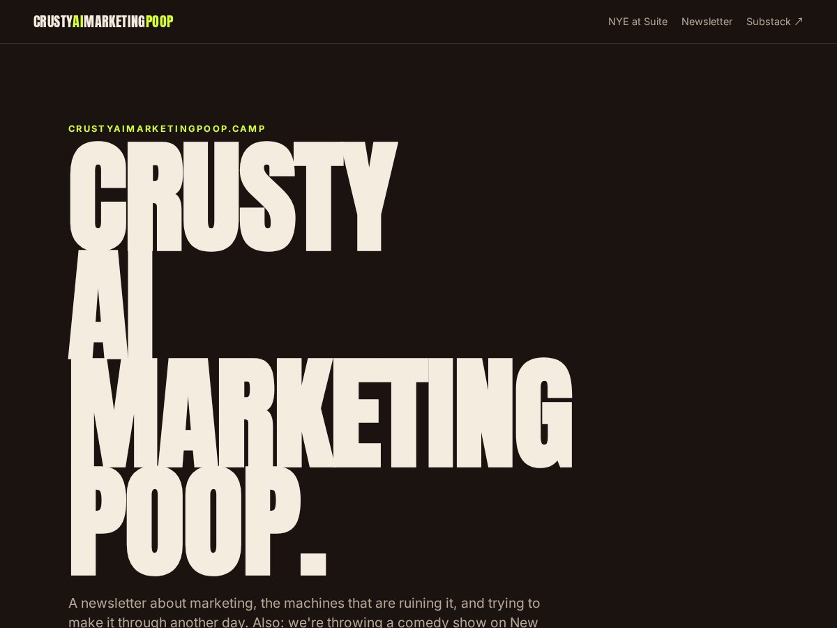 Landing-page snapshot of crustyaimarketingpoop.camp