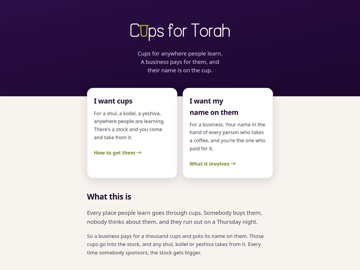 Landing-page snapshot of cupsfortorah.com