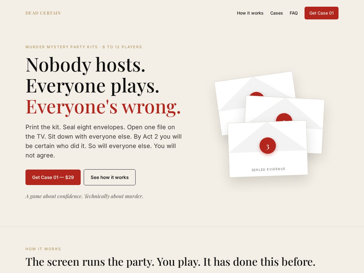 Landing-page snapshot of deadcertain.games
